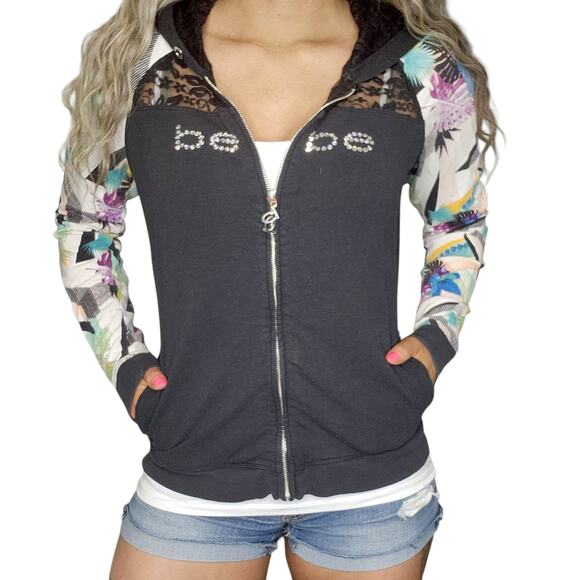 Bebe Sweater Womens Large Y2k 2000s Vintage Black Lace Tropical Retro Sequin - Picture 3 of 15